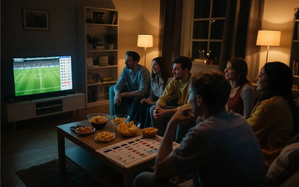 深夜客厅观赛：多人围坐看比赛，桌上有零食与赛程表，氛围温暖